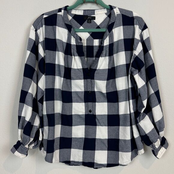 J. Crew Navy Buffalo Check Flannel Blouse M - Picture 1 of 7